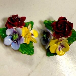 Vintage Porcelain Floral Boquet clip-on Earrings, made in England Cottagecore